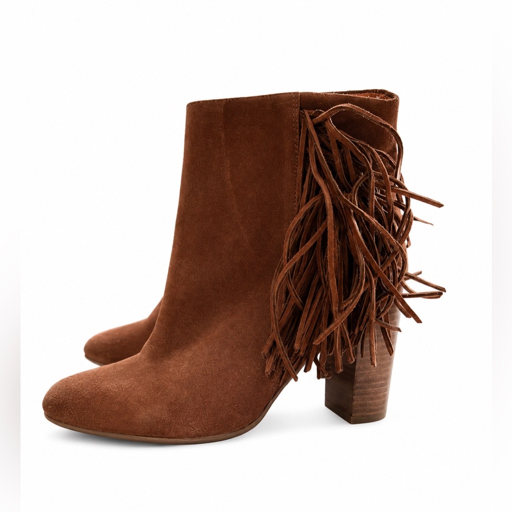 Topshop Brown Suede Fringe Ankle Booties Western Stacked Heel Size 9